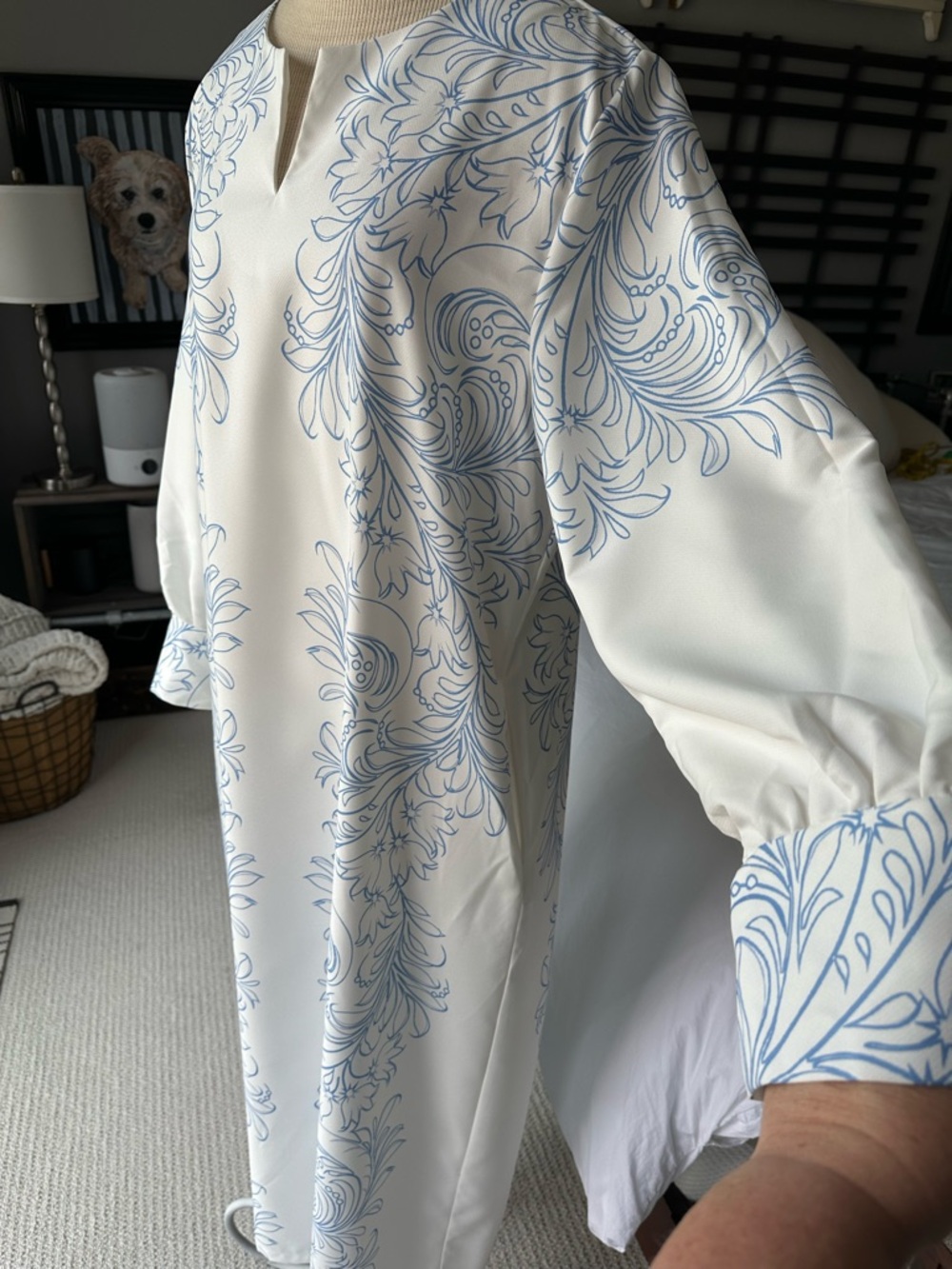 White Tunic Dress with Delicate Blue Floral Print, size large - Picture 5 of 10